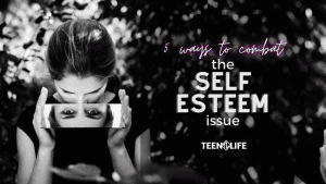 black and white image of girl staring down into mirror with text: 5 ways to combat the self-esteem issue